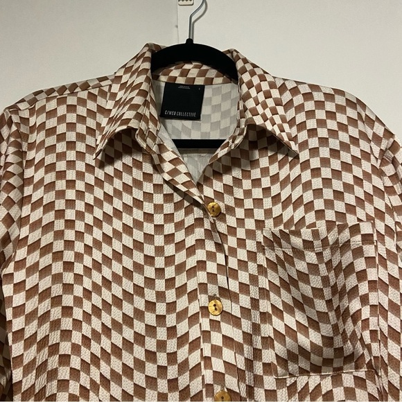 C/MEO Collective check oversized button up brown/white Top Size Small - Picture 3 of 7